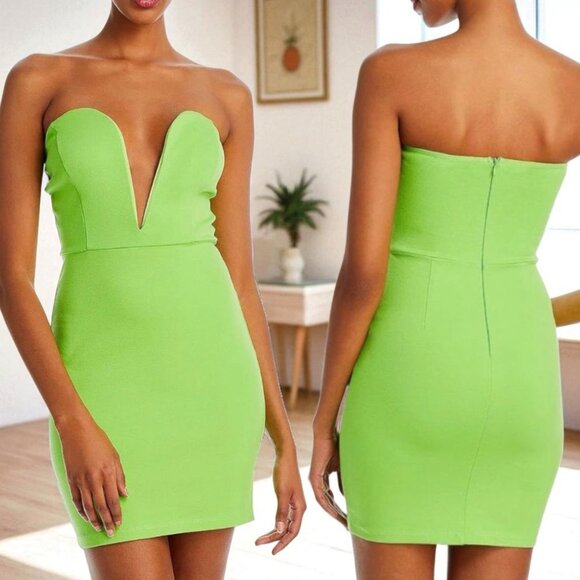 NWOT FORE ( LG ) Strapless Plunging V-Notched Neck Neon Green Stretch Mini Dress - Picture 1 of 5